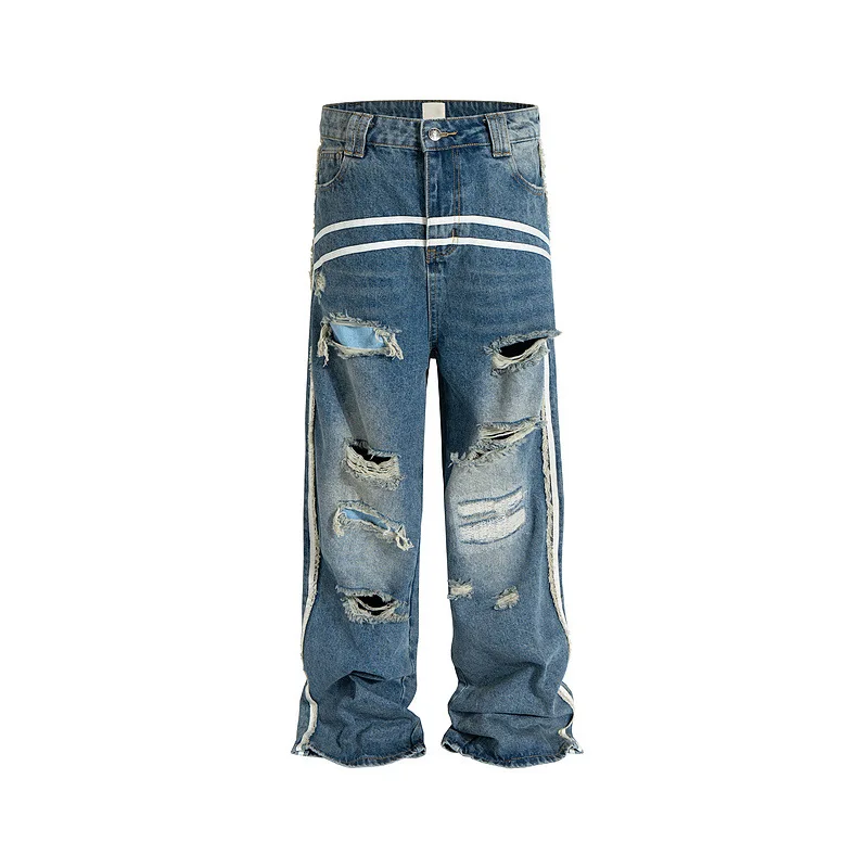 

Men's High Street Destroyed Jeans Pants Fashion Streetwear Ripped Denim Trousers Oversized Loose Fit Washed Distressed Bottoms
