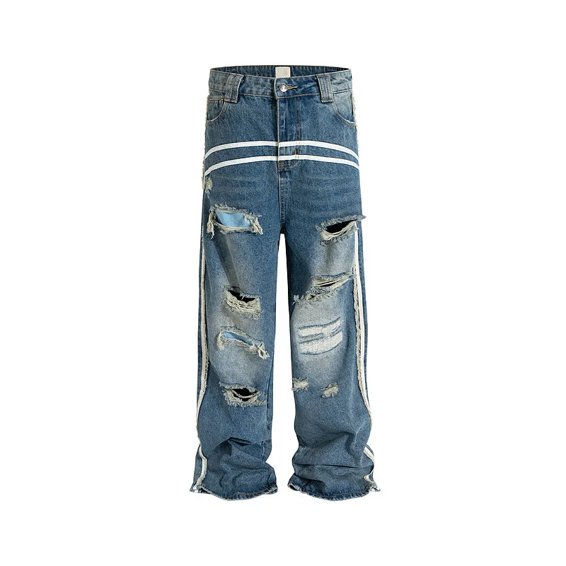 Men's High Street Destroyed Jeans Pants Fashion Streetwear Ripped Denim Trousers Oversized Loose Fit Washed Distressed Bottoms