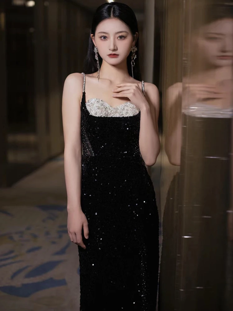 Ele Bla Träger-Fi-Schwanzkleid für Toasts und Jahresendpartys, koreanisches langes Abendkleid mit Perlen für Frauen