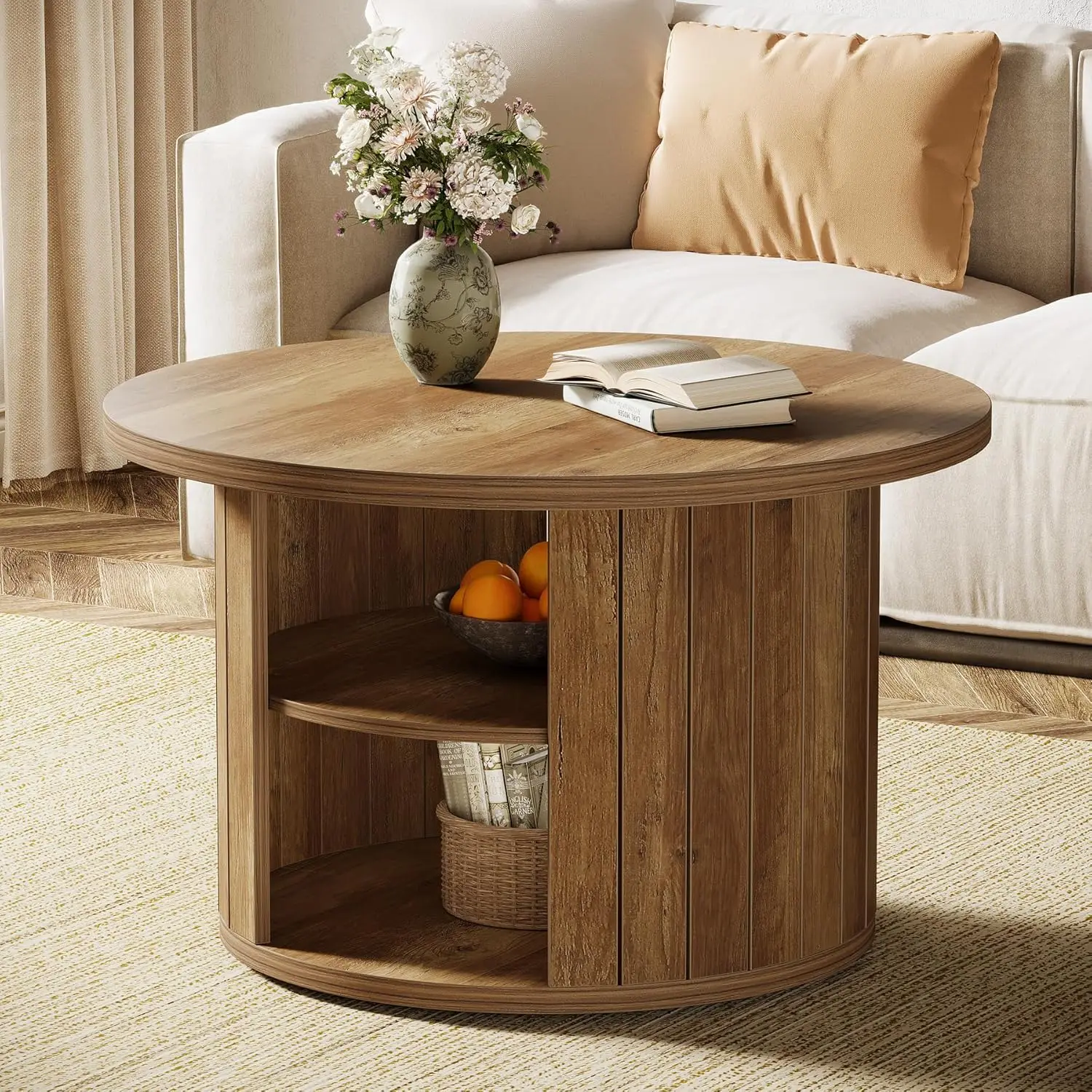 Mesa de centro con almacenamiento, mesa central circular pequeña de 31,5" para salón, marrón rústico