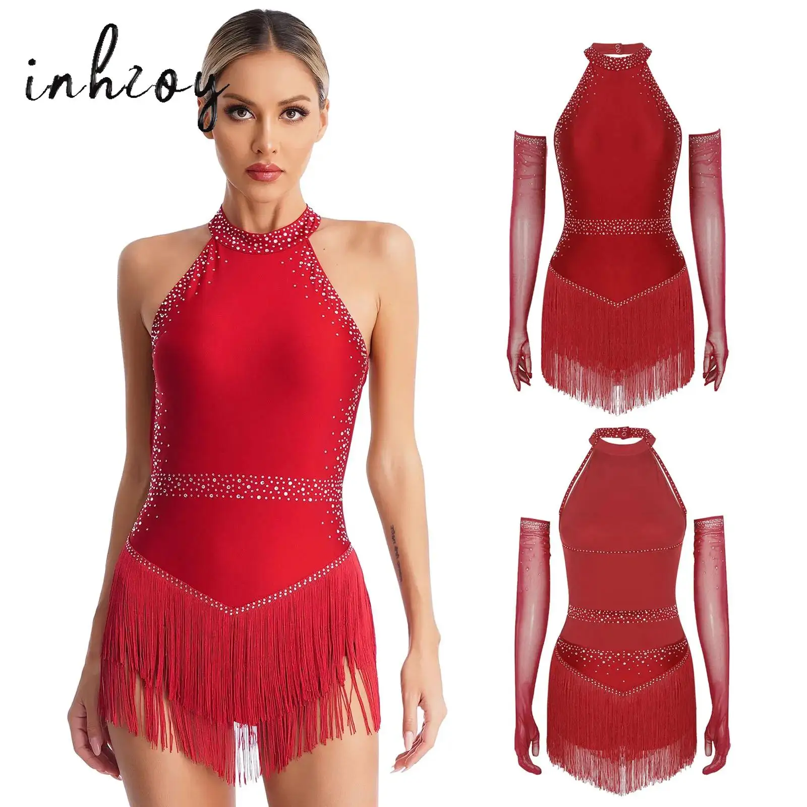 

Women Latin Dance Tassel Leotard Dress Sleeveless Rhinestone Bodysuit Figure Skating Cha-cha Samba Tango Salsa Costume Dancewear