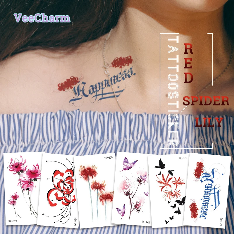 

VeeCharm - Mañ jusaka/Red Spider Lily/Resurrection Flower Temporary Tattoo Stickers,INS Style Personal Body Art,1/8/10 Sheet