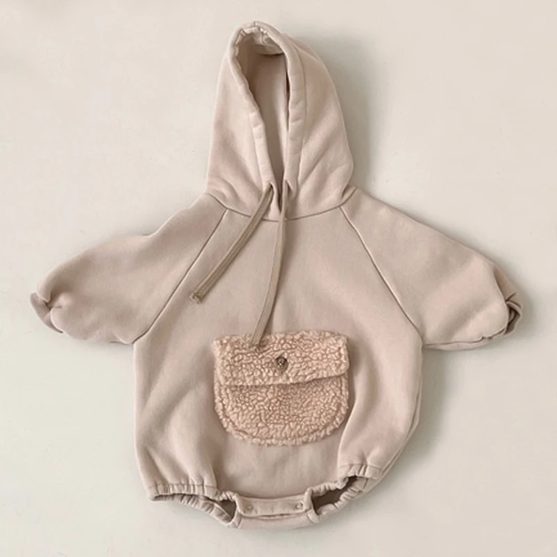 Toddler baby clothes autumn and winter new boys and girls hooded jumpsuit solid color pullover plush large pocket romper