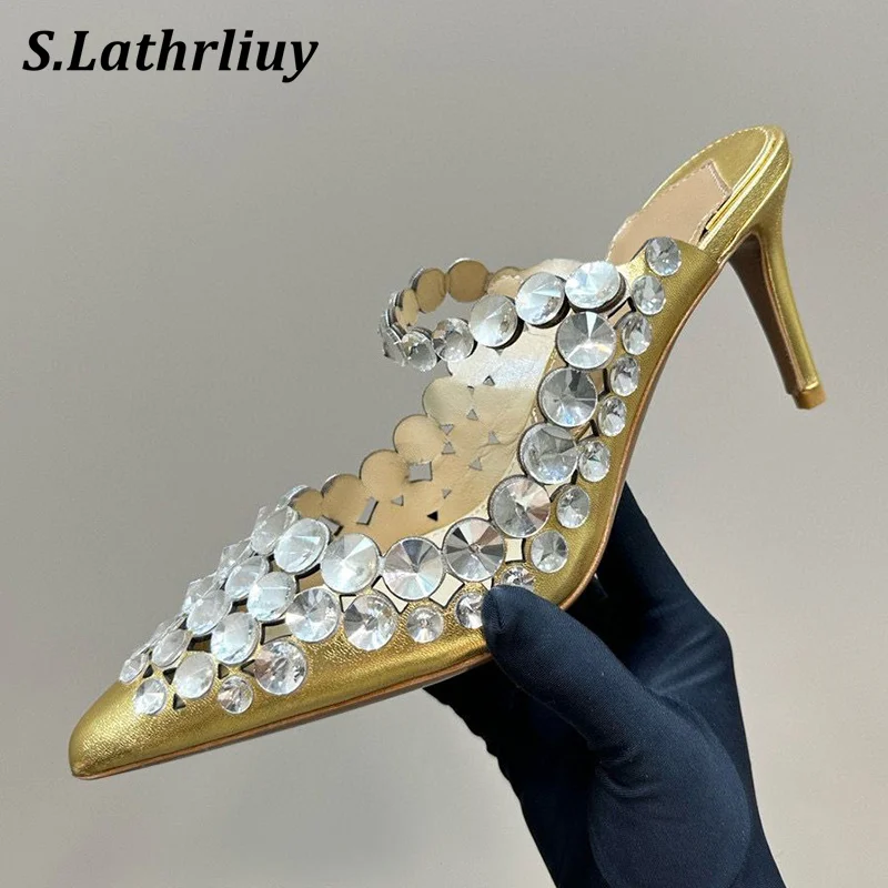 

2024 Summer Luxury Crystal High Heels Slippers Women's Genuine Leather Pointed Toe Thin Heels Sandals Fashion Party Dress Shoes