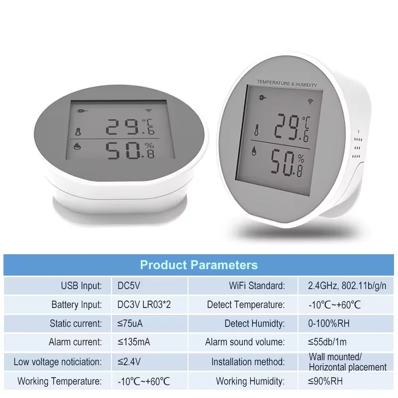 Tuya WiFi Temperature Humidity Sensor LCD Digital Display Thermometer Sensor 55dB Sound Alarm Support USB Or Battery Powered