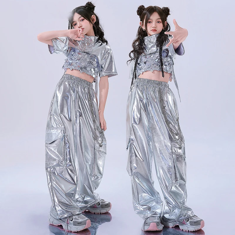 

Kids Hip Hop Clothing Street Suits Sequins Top Jogger Pants For Girls Jazz Dance Pants Stage Performance Kpop Outfit XS9739