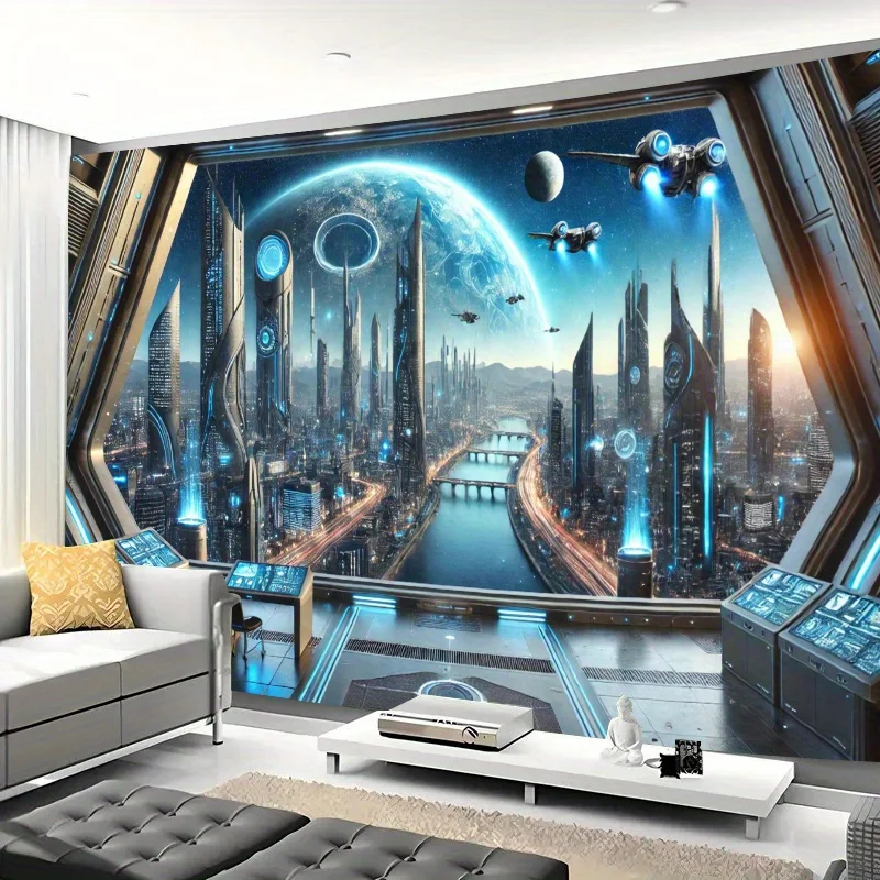 Futuristic Space Cityscape Wall Tapestry for Innovative Home Decor, Featuring a Stunning View of a High-Tech Metropolis