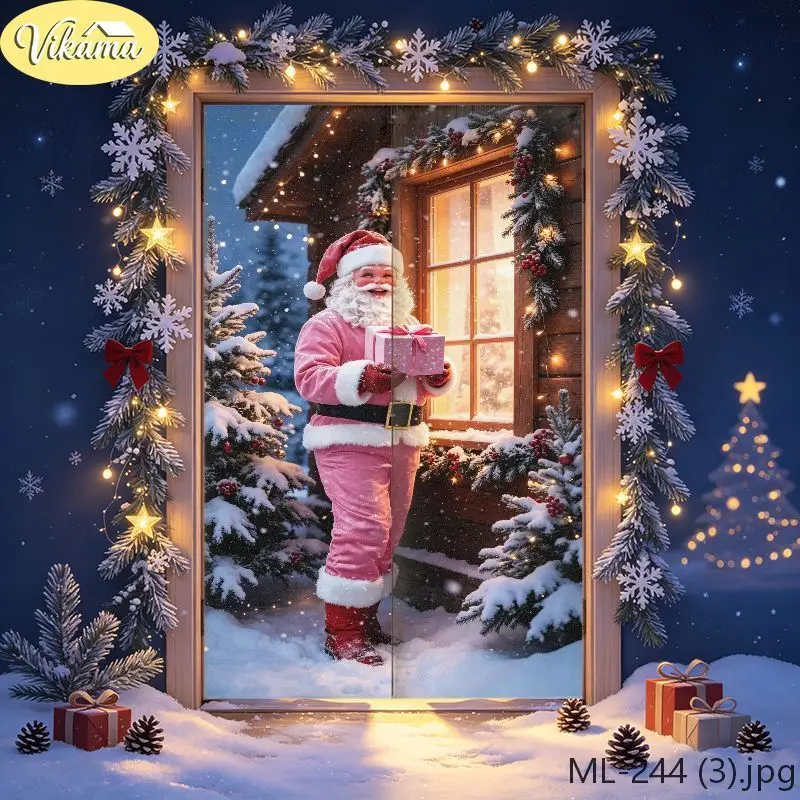 VIKAMA Santa Claus Japanese Style Half Curtain Christmas Snowy Night Print Fabric Curtain Privacy Divider Festive Home Decor