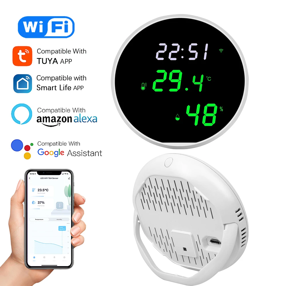 Tuya WiFi Smart Temperature Humidity Sensor With Backlight LED Display Remote Control USB Powered Supports Alexa Google Home