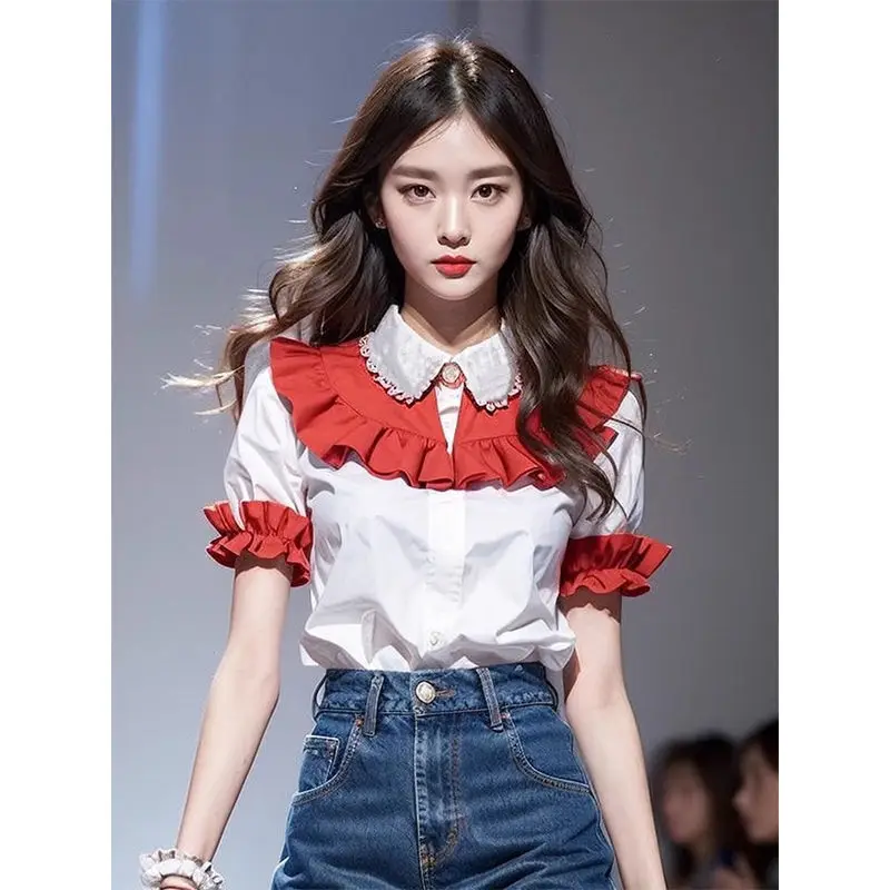 Korea Red White Puff Short Sleeve Top Female Elegant Summer Luxury Vintage Slim Blouse For Women Fashion Peter Pan Collar Shirts