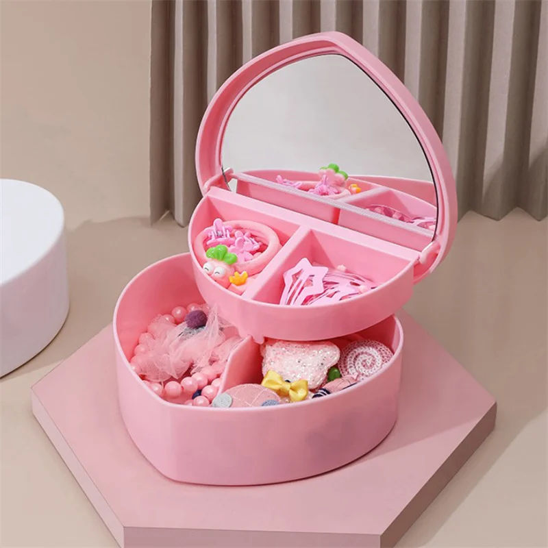 Girls Heart Jewelry Storage Box With Mirror Pink White Plastic Bracelets Hair Band Organizer Girl's Drawer Desk Jewelry Display