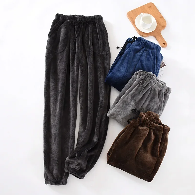 

Japanese Style New Men's Home Pants Thick Flannel Warm Pants Autumn and Winter Large Size Coral Fleece Trousers Pajama Pants