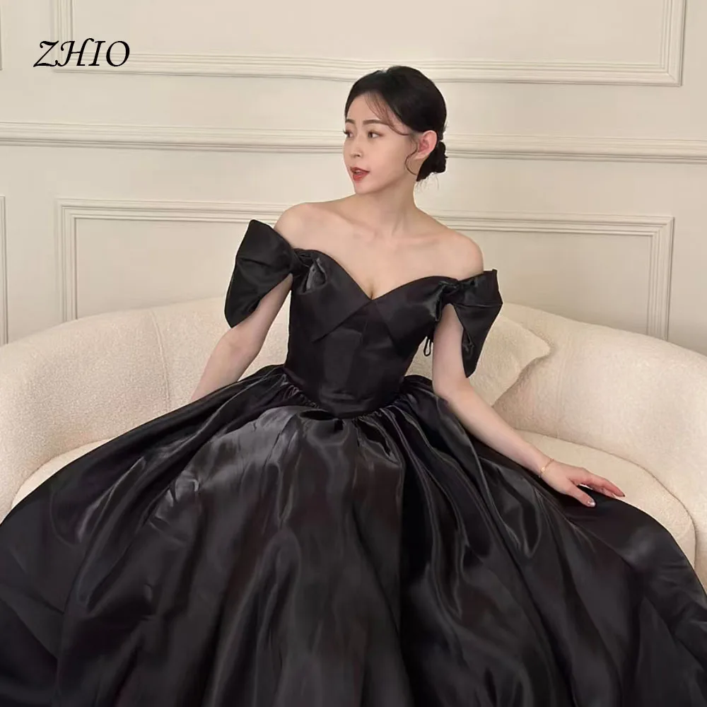 ZHIO Classic Shiny Black Wedding Party Dress Off Shoulder A-Line Korea Photo Shoot Bridal Reception Gown Customized 웨딩드레스