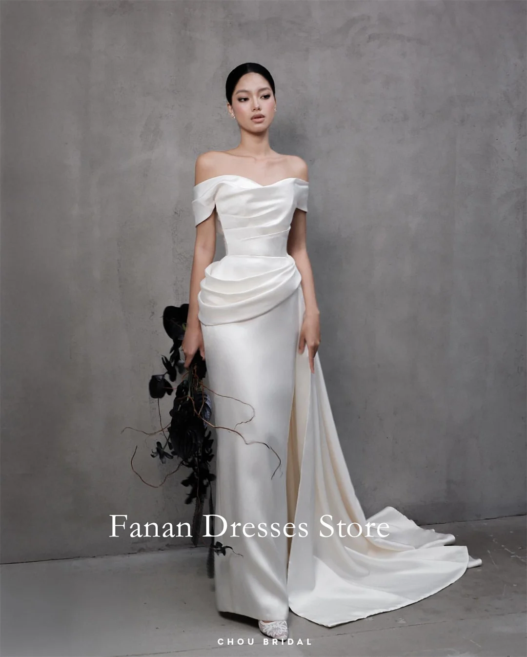 

FANAN Korea Off the Shoulder Satin Mermaid Wedding Dresses 웨딩드레스 Sweep Train Ivory Customized Pretty Bride Gowns Plus Siz