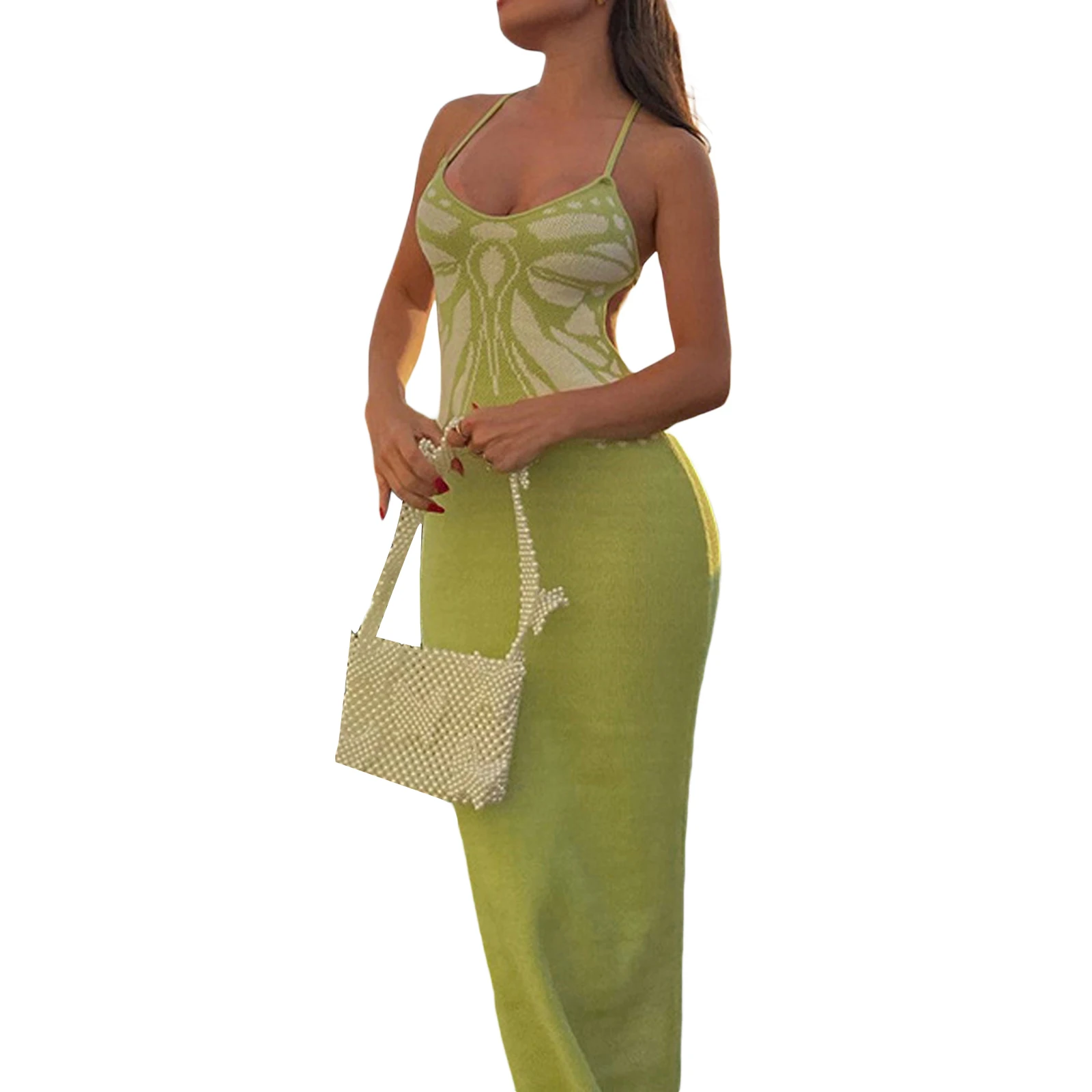 Women's Summer Long Sling Dress Green Knitted Sleeveless Halter Hanging Neck Pattern Print Dress