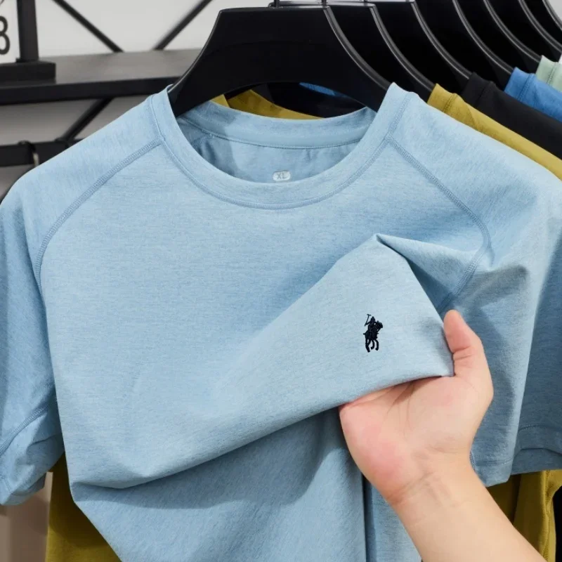 Summer Men's Ice Silk Shortsleeved Casual Sports Quick Drying Comfortable T-shirt Exquisite Embroidered Round Neck Top T-Shirts
