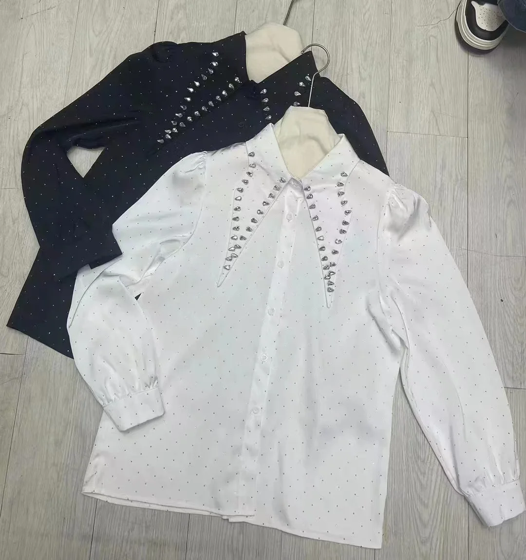 Blingbling Diamonds Shinny Chiffon Blouses and Shirts For Women 2024 New Korean Long Sleeve Black White Top Blusas