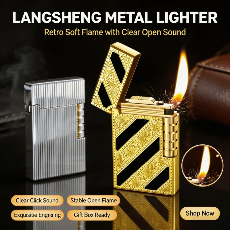 New Brass Flip Side‑Slip Butane Lighter, Retro Classic Open Flame, Loud Sound Pattern, High‑end Men’s Gift