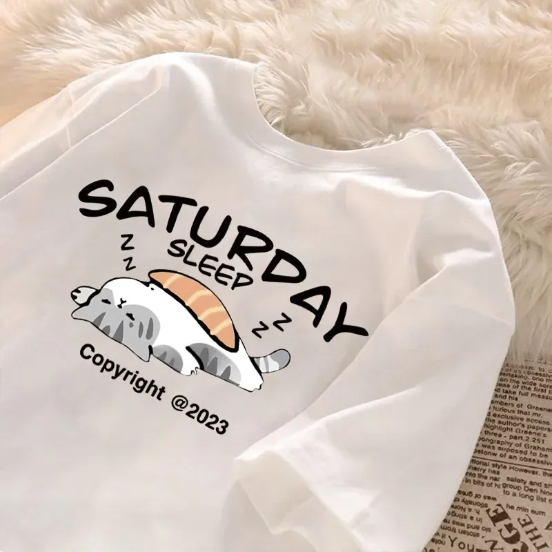 

Летняя японская мультяшная мода в стиле ретро, забавная милая спящая кошка с принтом, модная повседневная футболка для пары, топы, женская одежда Y2K