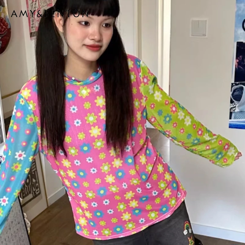 

Spring Summer Cute Women's Sunscreen Top Original Design Sweet Cool Y2k Colorful Flowers Mesh Loose Long-sleeved T-shirt Ladies