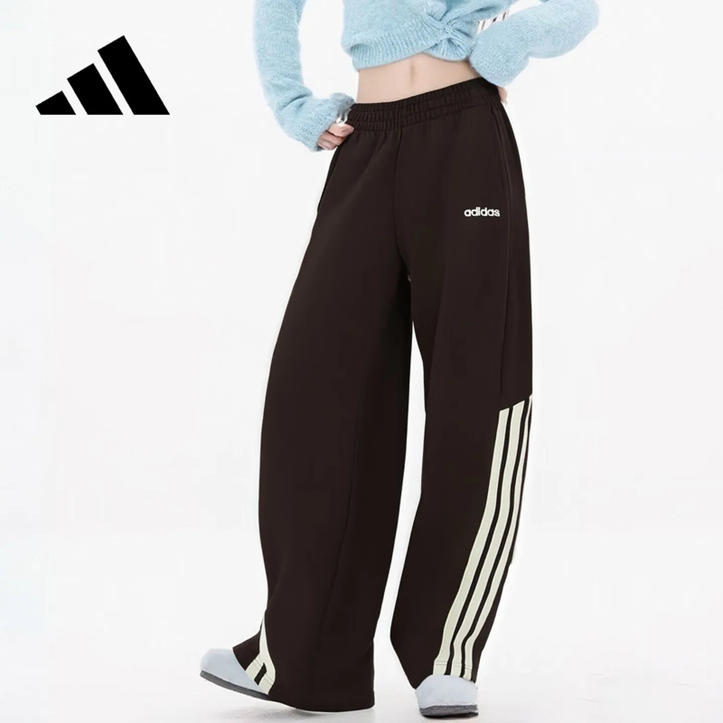 adidas Womens Cotton Terry Wide Leg Pants Loose Comfort Versatile Sports Trousers For Outdoor Hiking Fitness LD1390