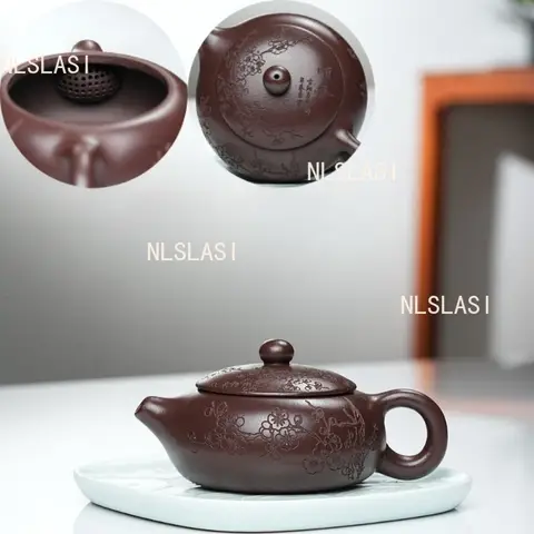 170ml Purple Clay Plum Blossom Teapot Flat Xishi Pot Small Capacity Carved Teapot Chinese Household Ball Hole Filter Teapot