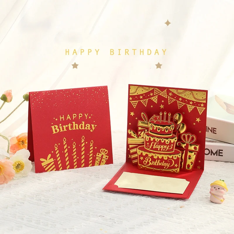 Lucky Red Birthday Greeting Card 3D Cake Handcrafted Golden Blingbling Pattern Hot Stamping Cake Blessing Card For Friend Family