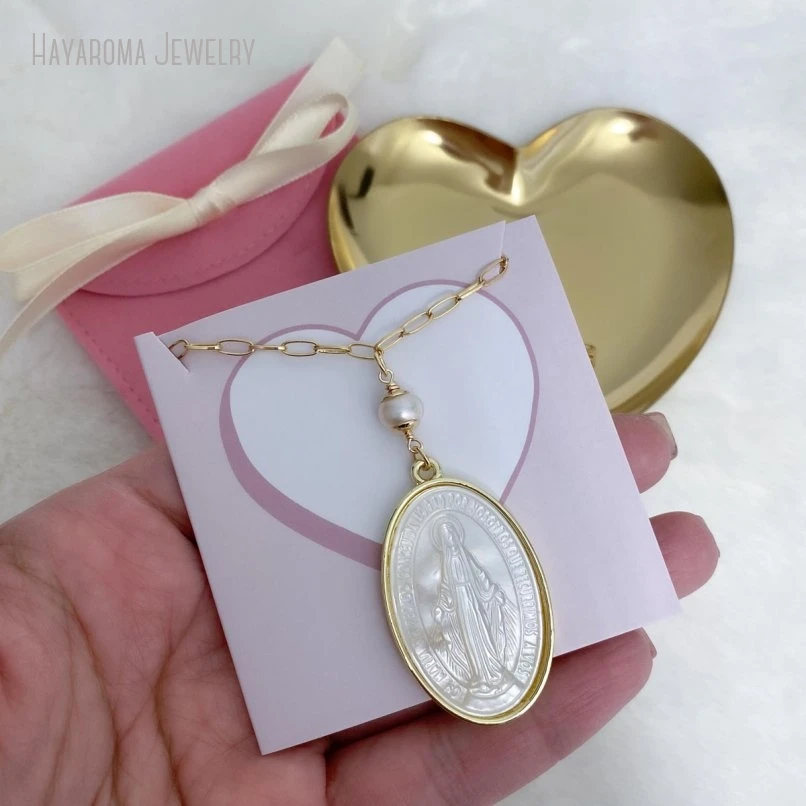 

10Pcs Mother of Pearl Miraculous Medal Necklace Virgin Mary Religious Catholic Jewelry Christmas Gift