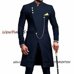 Indian Style Men's Suit 2-piece Suit Navy Blue Groom Wedding Tuxedo Blazer Single-breasted Long Jacket XS-5XL