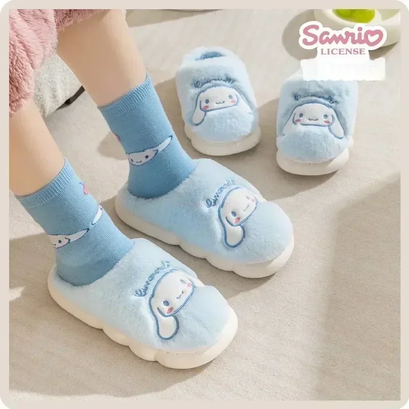 Kawaii Sanrio Slipperskuromi Melody Children Winter Non-slip Thick Bottom Warm Home Shoes Cartoon Cotton Parent-child Slippers