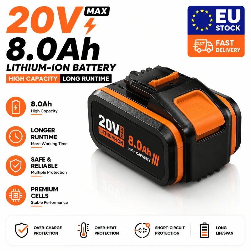 Image of 20V 8000mAh Li-Ionen-Ersatzakku kompatibel mit Worx Elektrowerkzeugen WX390 WX176 WX166.4 WX372.1 WX800 WX678 WX550 WX532 WG894E WG629E WG329E Hochleistungs-Akku EU Polen Lager Schneller Versand