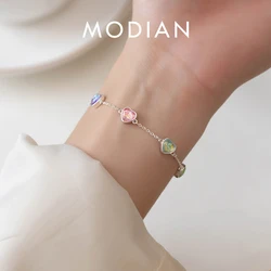 MODIAN 925 Sterling Silver Heart To Heart Colorful Shining CZ Bracelet Adjustable Chain Link For Women Valentine's Day Gifts