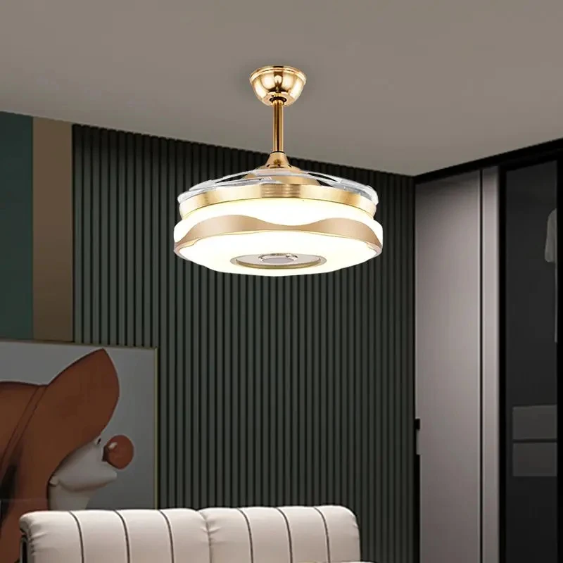 All copper 110V 220V Invisible Music Bluetooth Ceiling Fans With Light 42 Inch Gold Fan Lamp Remote Control APP RGB Color Light