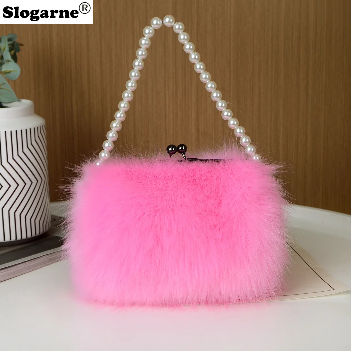 

Women's Winter Faux Fur Top Handle Bags Candy Color Pearl Handle Ladies Fox Fur Handbag Female Small Fluffy Clutch Evening Bags