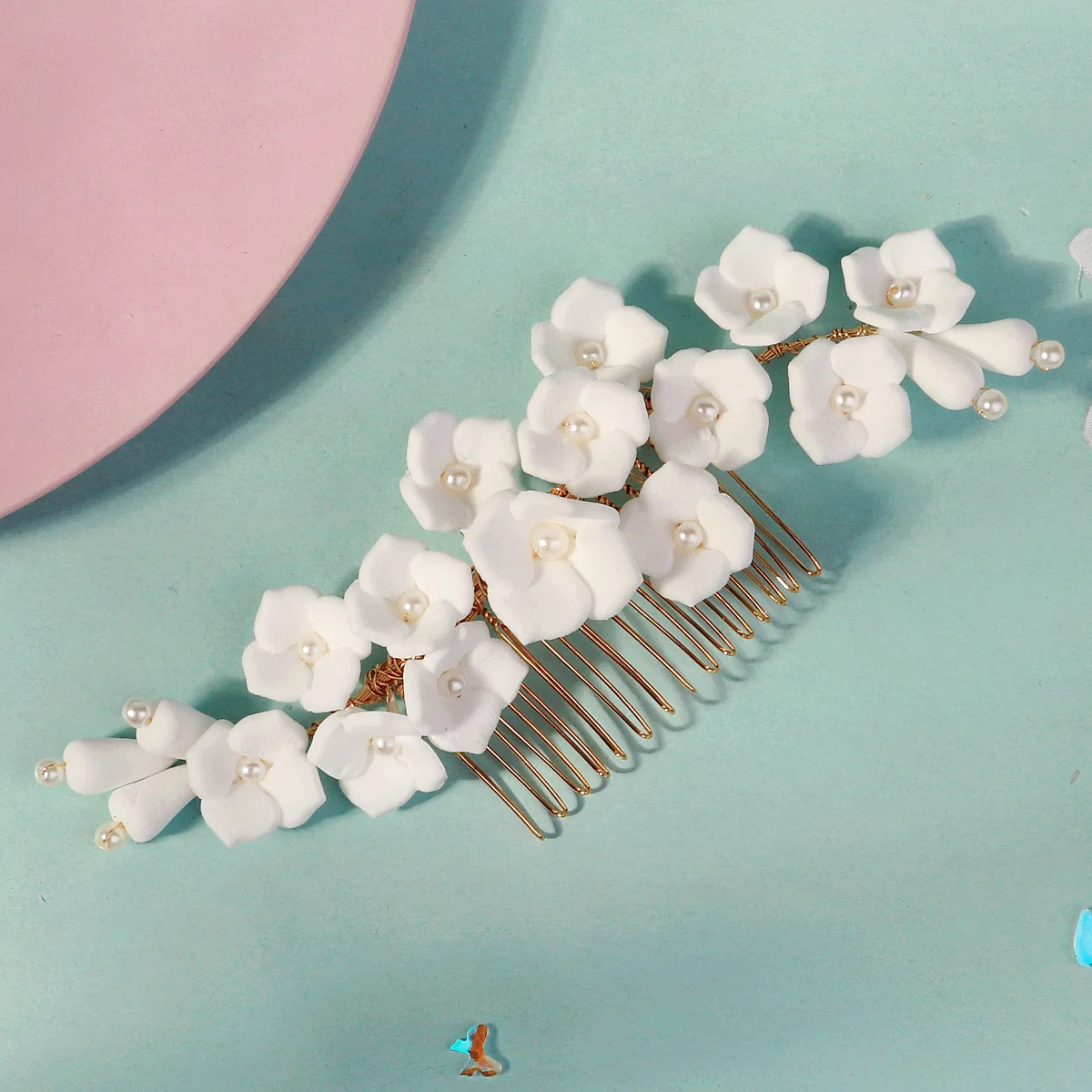 Elegante weiße Polymer Clay Blumen Damen Haarkämme Mode Kristall Perle Haarnadeln Braut Hochzeit Kopfschmuck Schmuck – Detail 14
