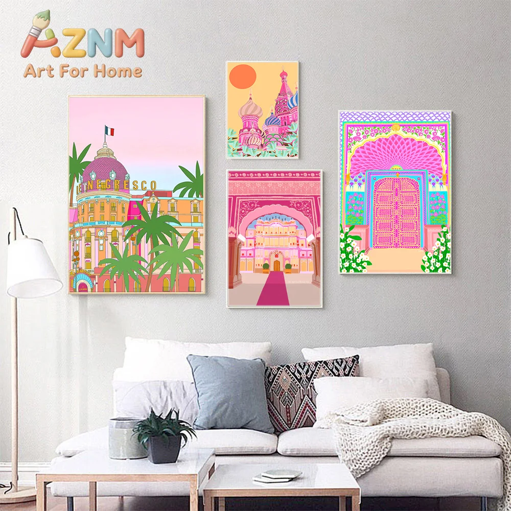 Pink Style Morocco Posters Wall Art Nordic Religion Painting Prints Nice India Taj Mahal Rome Canvas Pictures Living Room Decor