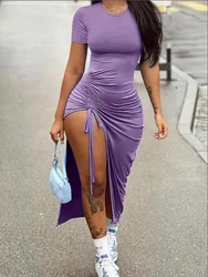 Short Sleeve Pleated Bodycon Dress Women's Round Neck Bandage Mini Dress Autumn Bodycon Stretch Party Dress