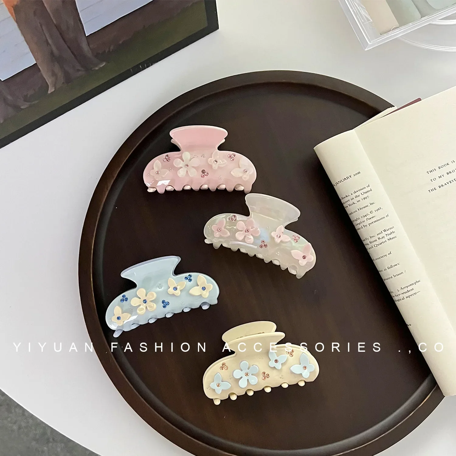 Niche Pastoral Style Flower Clip Creative Rhinestone Acetate Hairpin Girlish Temperament Hair Catch Shark Clip Hair Accessories