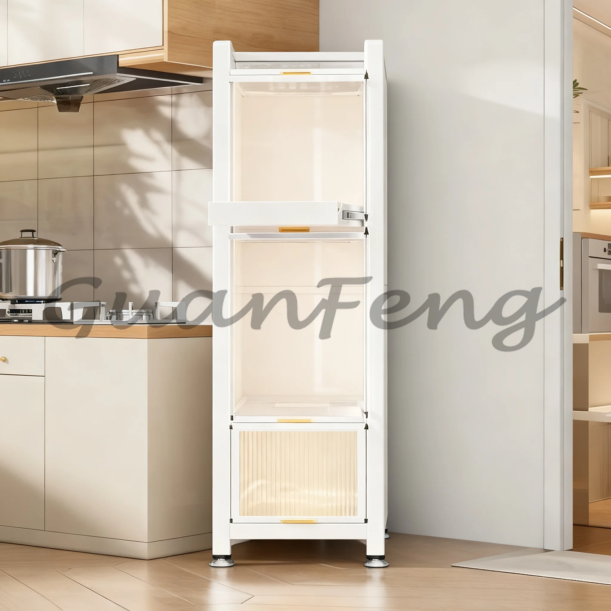 Floor-Standing Multi-Layer Pull-Out Slim Gap Storage Cabinet With Door Kitchen Rack for Microwave Oven & Rice Storage