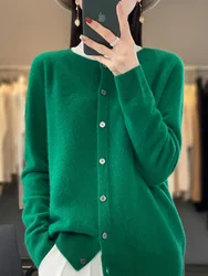 New Chic Spring Women‘s O-neck Grace Cardigan Sweater 100% Merino Wool Solid Cashmere Knitted Female Clothing Korean Style Tops