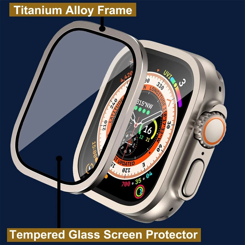 Carcasa de aleación de aluminio + vidrio templado para Apple Watch Ultra 2 49mm, protector de pantalla a prueba de rayones para iWatch Ultra 49mm 3