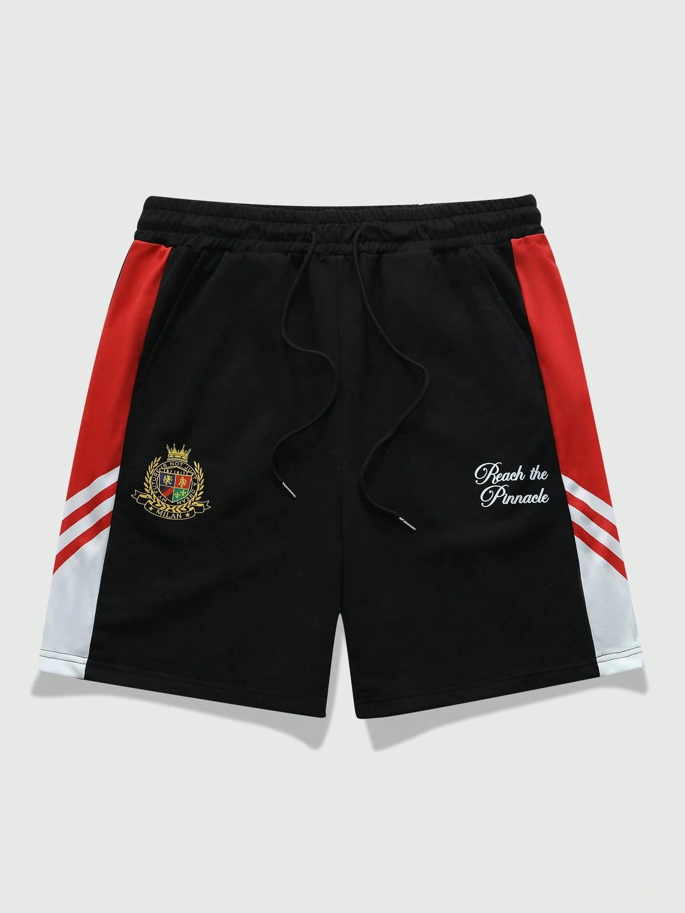 

2026 New Summer Black Men's Shorts with College Style Crest & "Reach The Pinnacle" Print Red White Side Stripe Streetwear