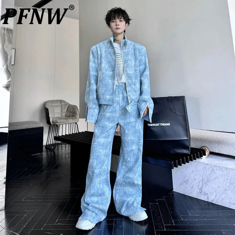 

PFNW Men's Set 2024 Autumn Stand Collar Zipper Decorative Jacket High Street Long Sleeve Casual Wide Leg Pants Trendy 28W4778