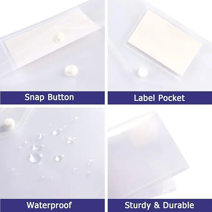 6 Pack Clear Document Folders Plastic Envelopes Poly Envelopes File Envelopes with Label Pocket and Snap Button for Home Work