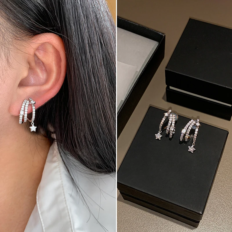 2026 New Design Micro-Set Zircon Star-shaped Pendant Silver Color Earrings for Women Luxury Trendy Jewelry Elegant Ear Accessory