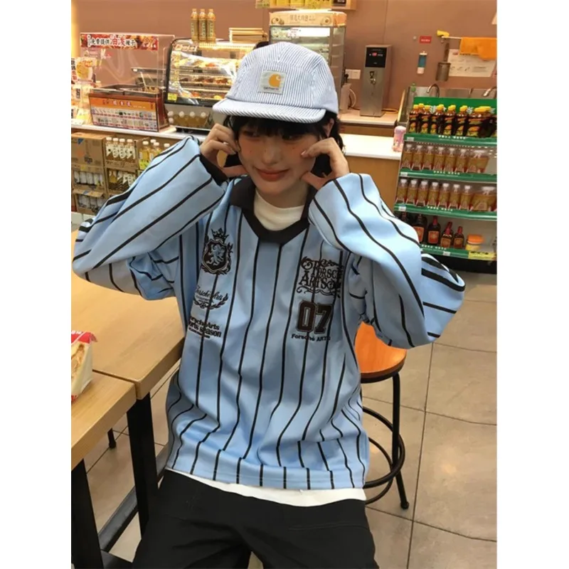 

American-style RETRO Striped Long-sleeved Women's Clothing, Hip-hop Street Style, Loose Long-sleeved Fashion Striped Casual Top