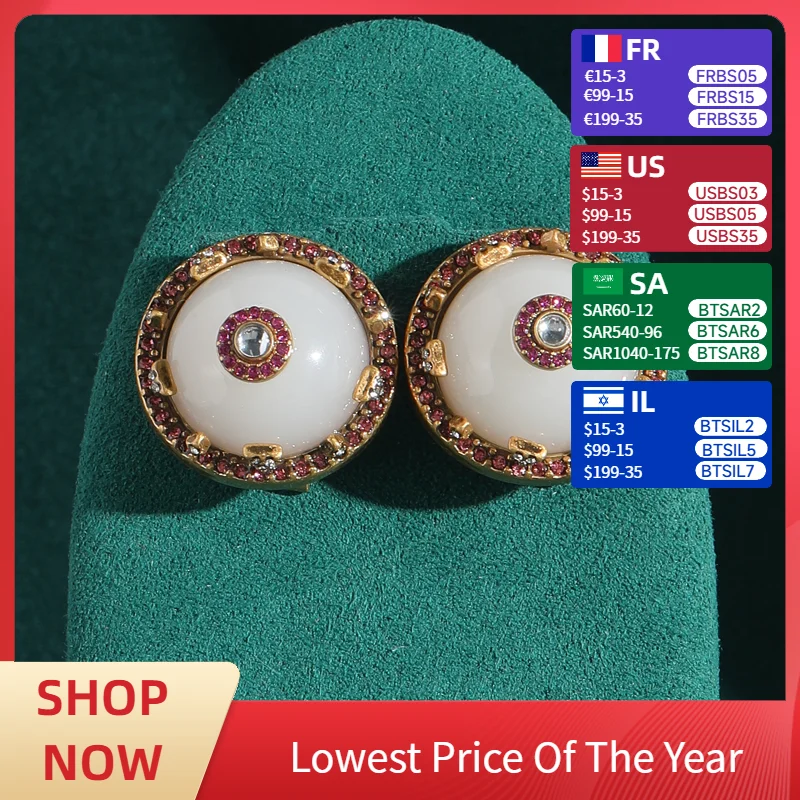 

Vintage Pink Rhinestone Earrings Studs Natural Stone Jewelry White Jade Woman Luxury Brands Gold Color Antique High Quality 2025