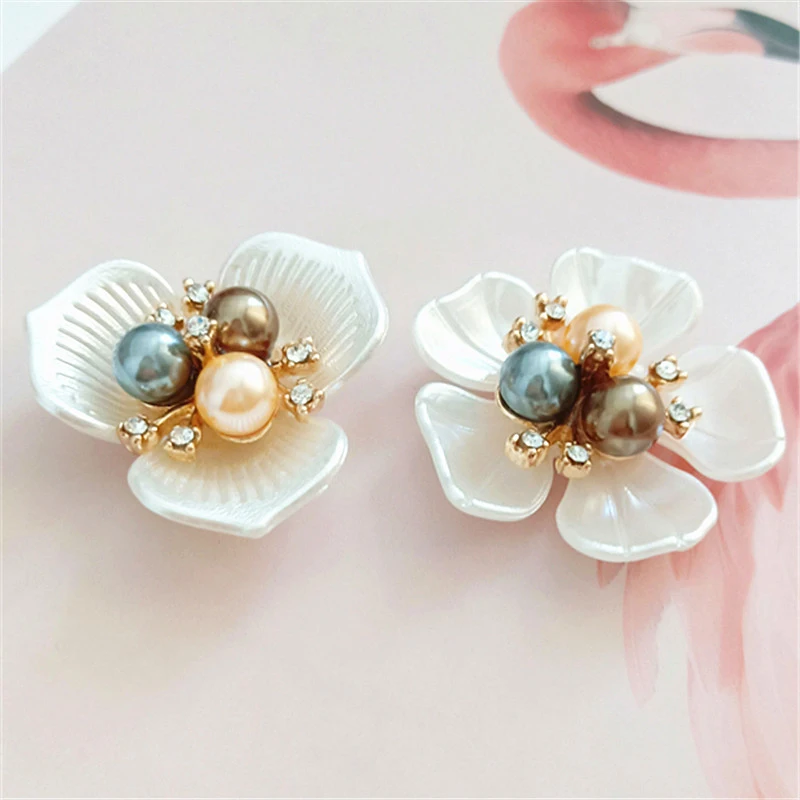 2PCS Flower Pearl Rhinestone Buttons Crafts Clothes Alloy Metal Sewing Button For Hair Accessories Brooch DIY Decoration