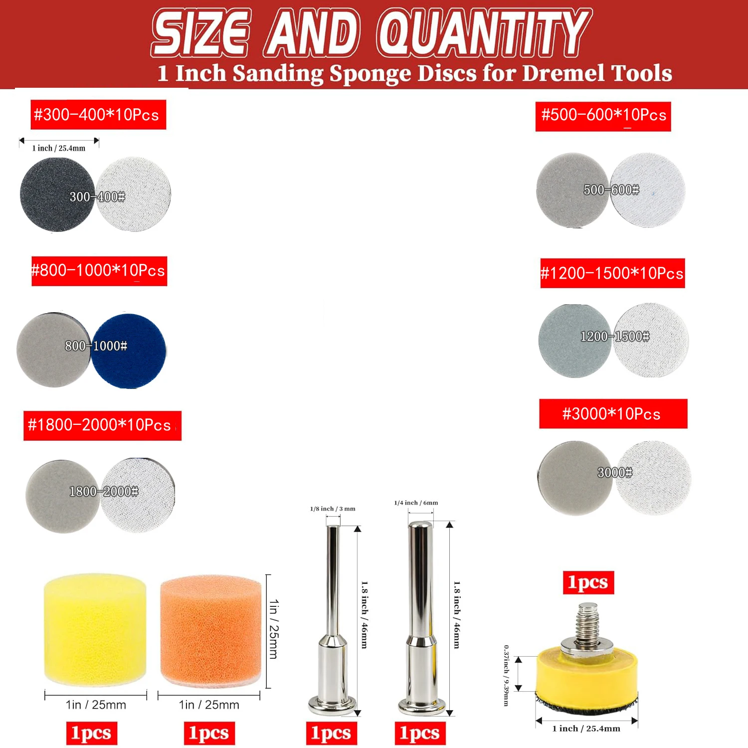 1 Inch Sponge Sandpaper Set 65 Pcs with Polishing Sponge 1/4” Shank for Drill Sanding Grinder Rotary Tools Curved Surface