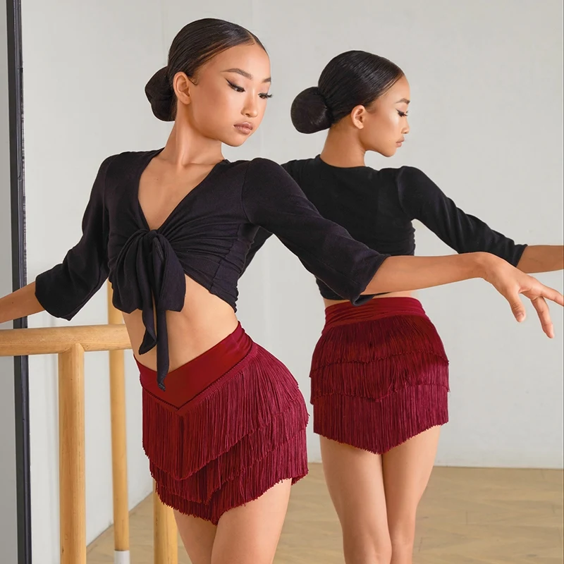 ZYM Latin Dance Performance Costumes For Girls Black Cardigan Tie Top Chacha Rumba Tango Dress Kids Latin Stage Clothes DQS17707